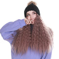 Women's Fashion Long Synthetic Kinky Curly Hair Wig Attached Warm Winter Beanie Cap Natural Brown Transparent Lace Black Color