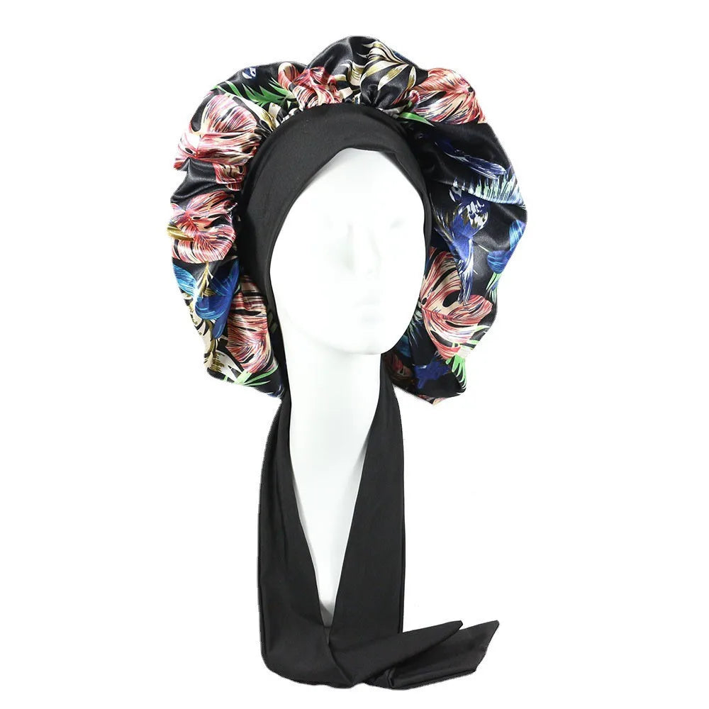 Hot Selling Extra Large Silk Satin Bonnet Women's Designer Bonnet Wide Brimmed Ribbon Large Flower Print Sleep Cap for Curl Hair