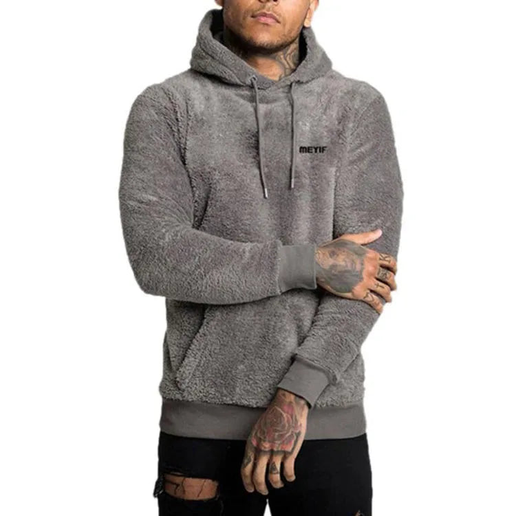 Fashion Fluffy Men Hoodies Winter Warm Casual Thick Velvet Pullover Hooded Sweatshirts Casual Embroidered Letter Clothing