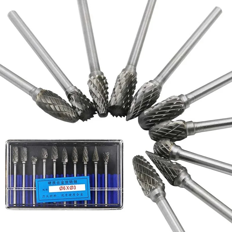 New 10 Pcs 1/8" Shank Tungsten Carbide Milling Cutter Rotary Tool Burr Double Diamond Cut Rotary Dremel Tools Electric Grinding
