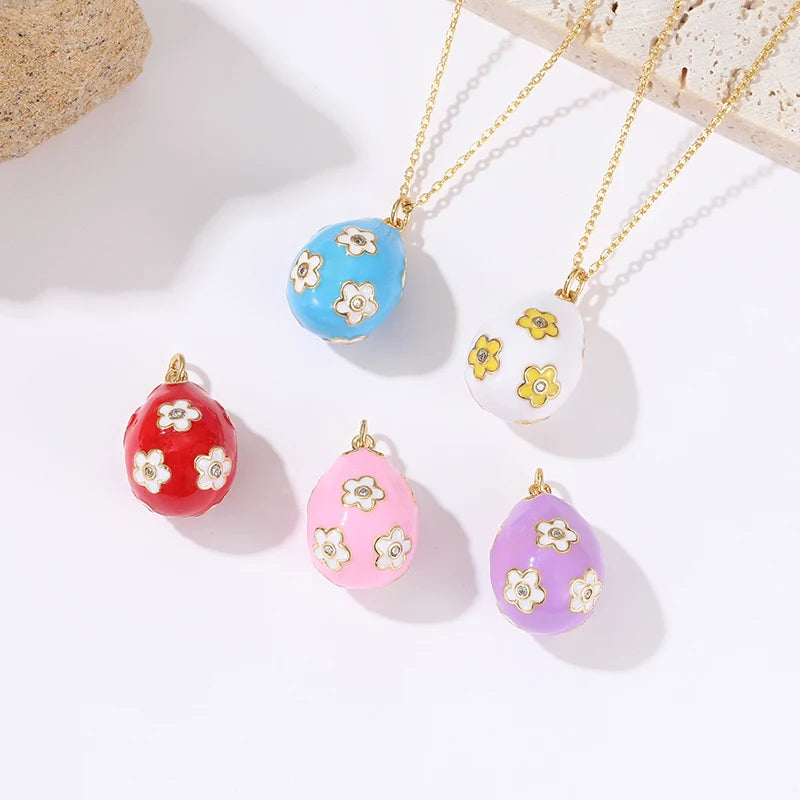 14K Gold Plated Brass Zircon Faberge Enamel Flower Easter Egg Pendant Charms for Jewelry Making