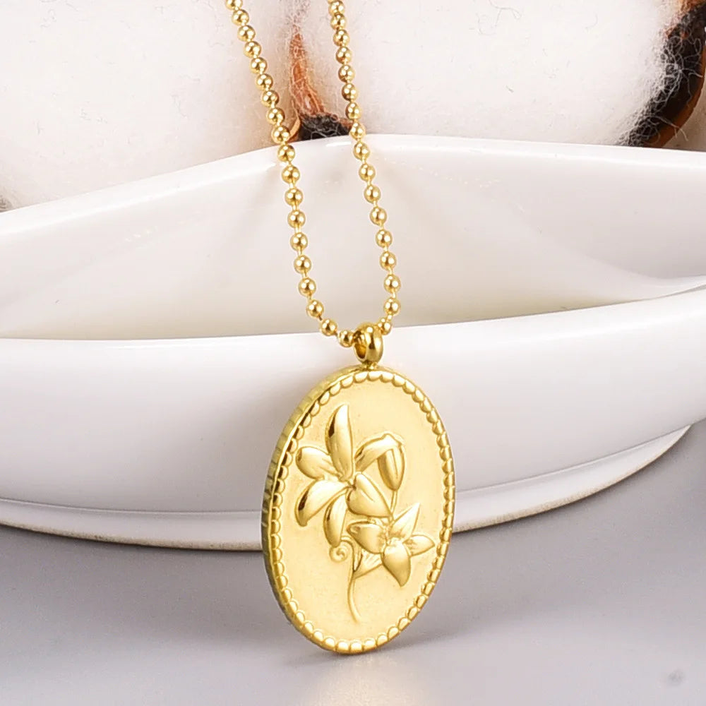 Homemade Oval Gold Coin Lily Flower 316L Stainless Steel Gold Plated Trendy Necklace Sweater Chain for Girl Lady