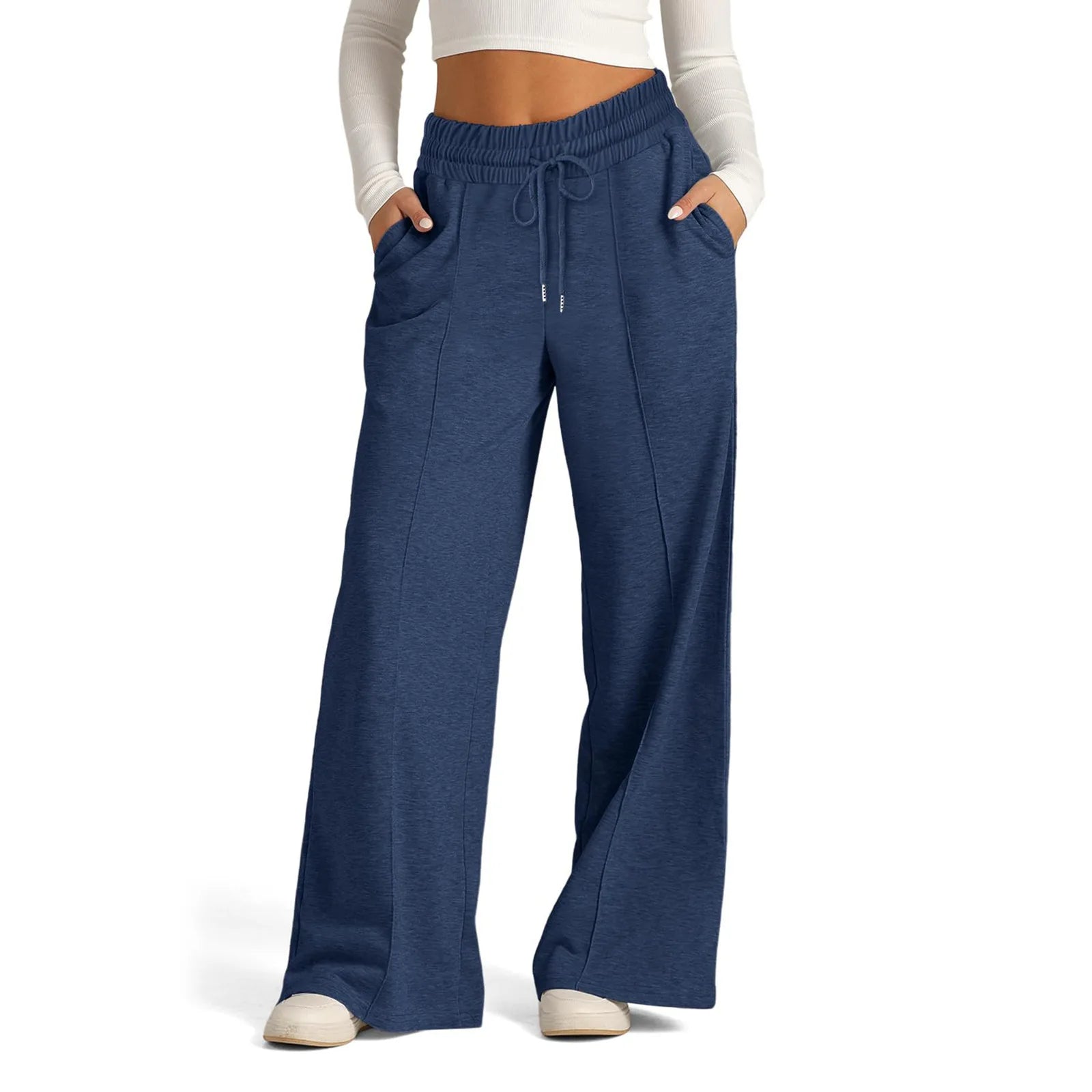 Women's Fashionable Winter Sports Pants New Streetwear Flat Solid Color Elastic Waist Loose Straight-leg Wide Leg Casual Sports