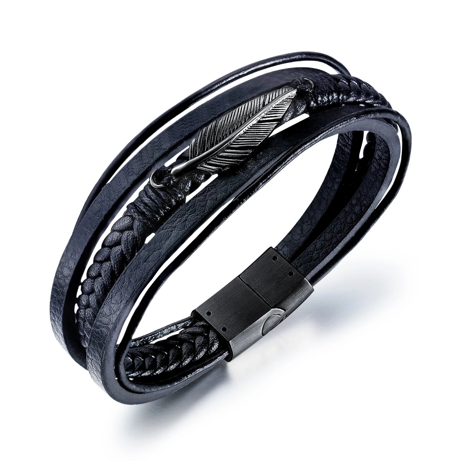 Charm Muliti Layer Braided Leather Bracelet Stainless Steel Magnetic Clasp Feather Genuine Leather Bracelet for Men Jewelry