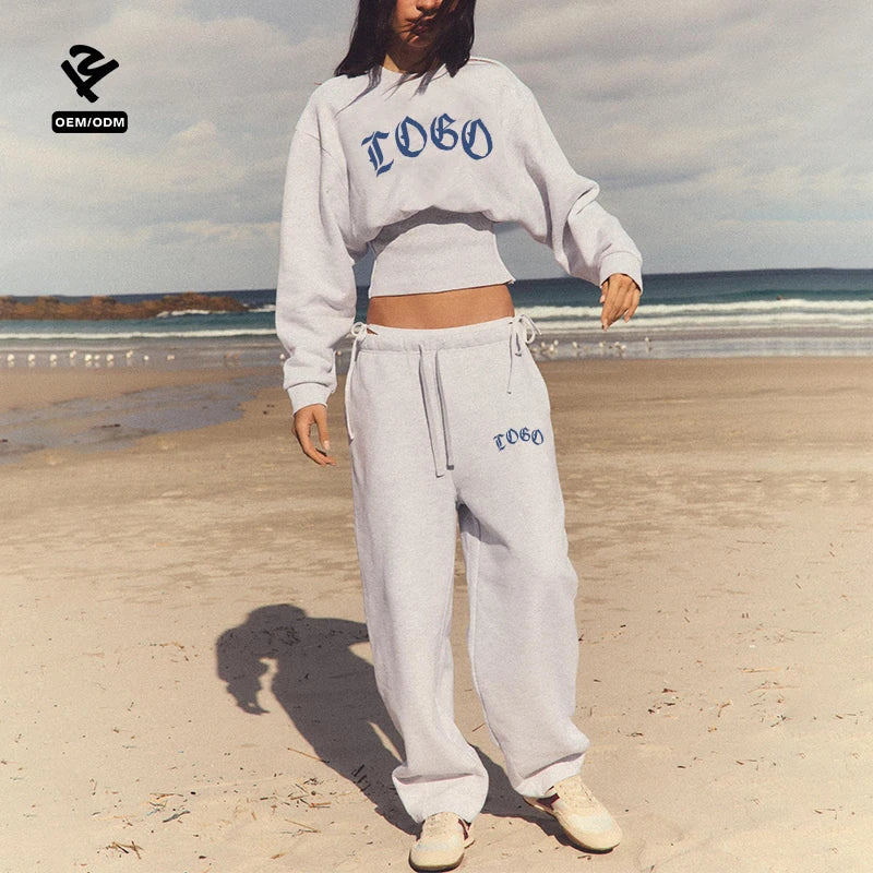 F5189 Custom Logo Women's Tracksuit Set 2 Piece Oversized Crop Top Hoodie and Sweatpants Two Piece Set Women Clothing Loungewear