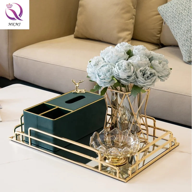 Nordic Light Luxury Mirror Glass Metal Tray Home Living Room Tea Table Large Collection Tea Tray Put Cup Tea Tray Decoration