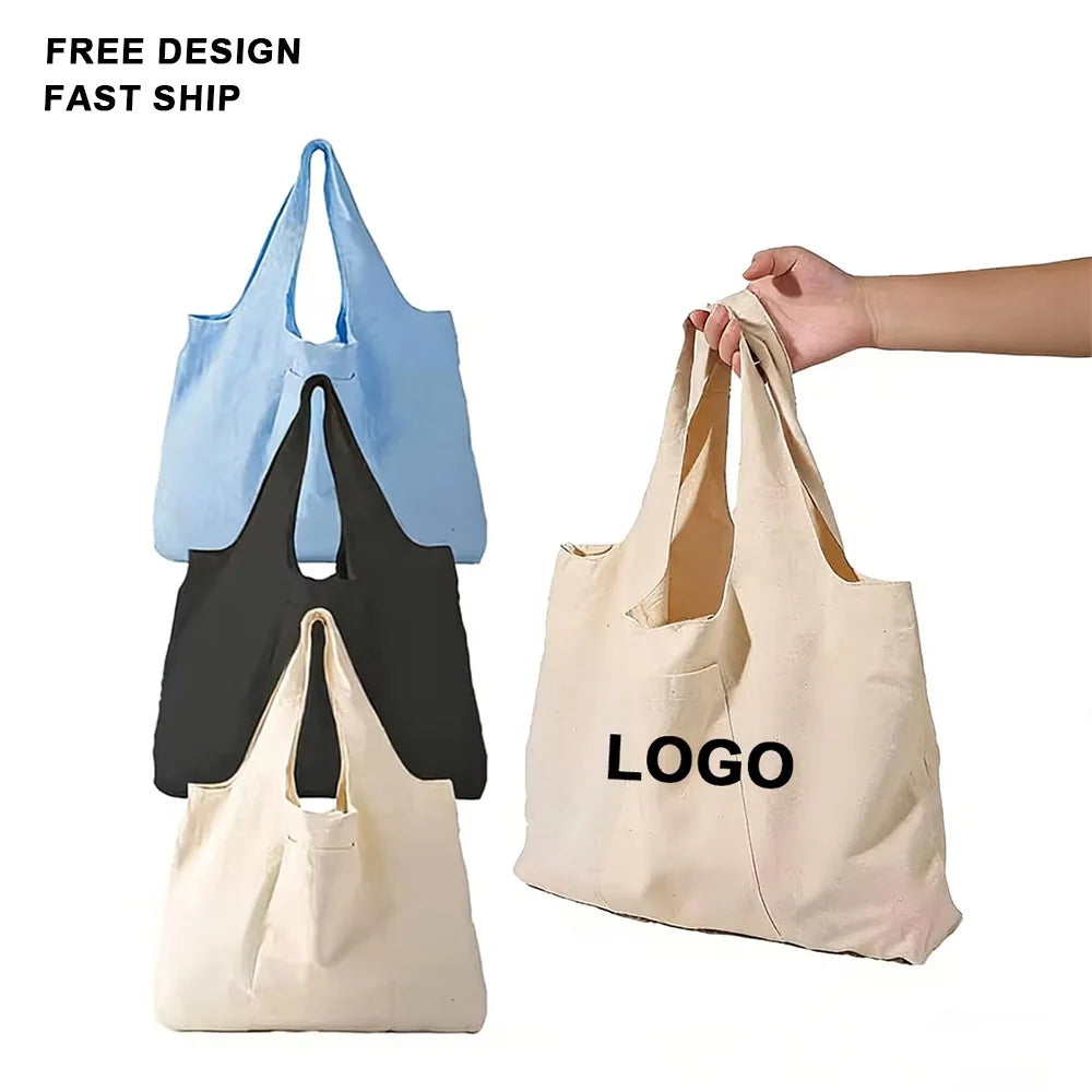 Custom Logo Tote Bag Beige Natural Color Durable Large Capacity Cotton Canvas Foldable Tote Bag with Pocket