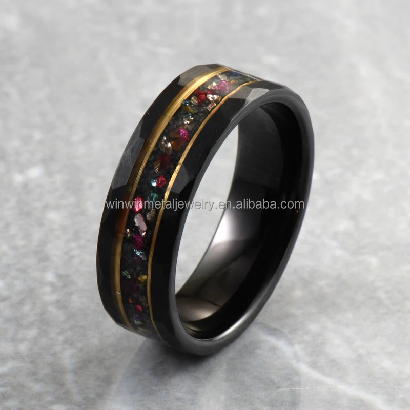 Custom 8mm Hammered Black Rose Gold Stripes Tungsten Opal Wedding Engagement Ring for Men Invisible Anniversary Gift