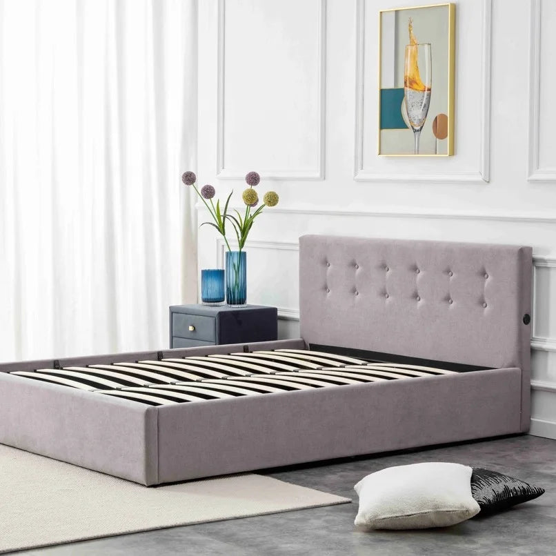 Bedroom Hotel New Button Tufted Headboard Upholstered Bed with USB Charger
