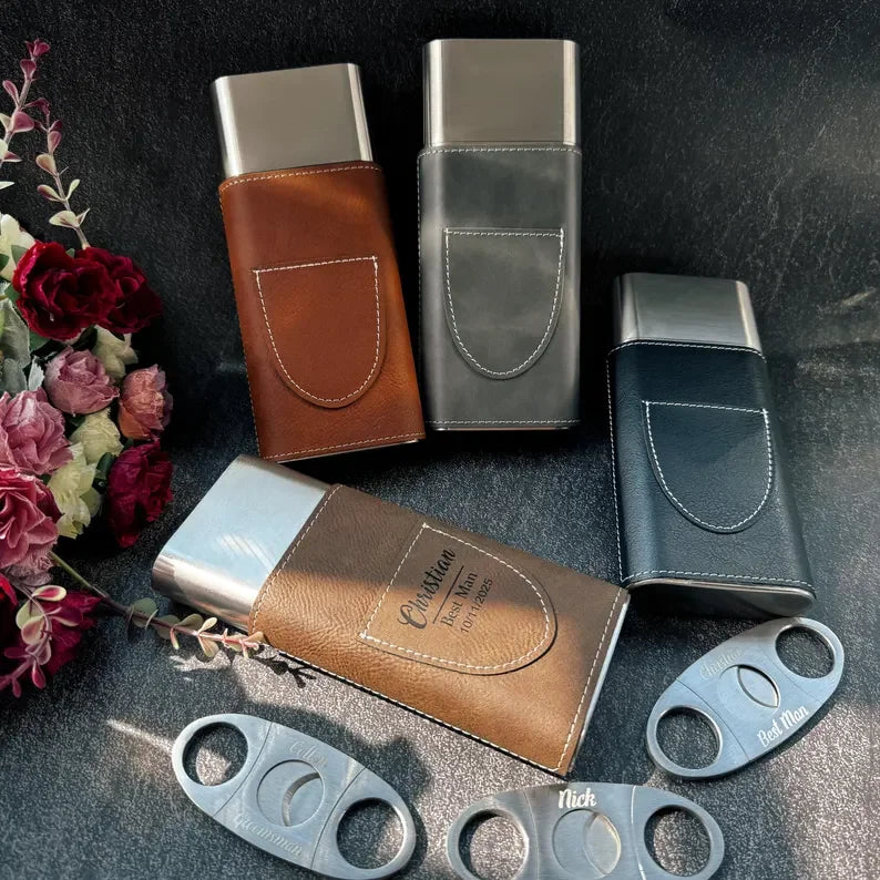 Custom Laser Engraved Pu Leather Travel Laserable Leatherette Cigar Humidor with Cigar Cutter for Groomsman Gift