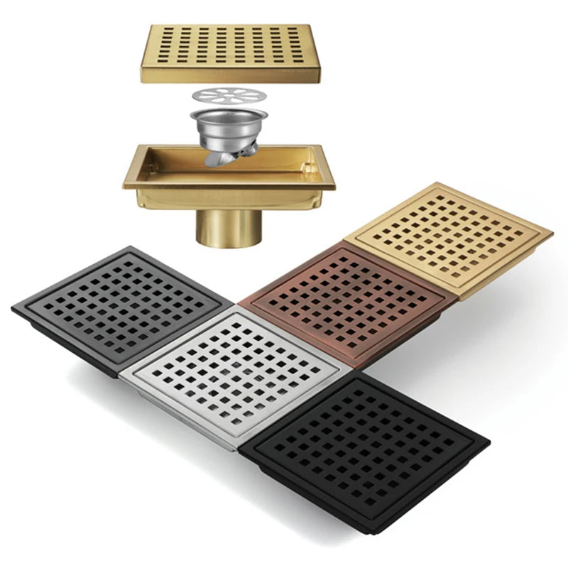 Square Shower Floor Drain with Removable Cover Grid Grate6 Inch Long SUS 304 Stainless Steel Quadrato Pattern Grate with Flange