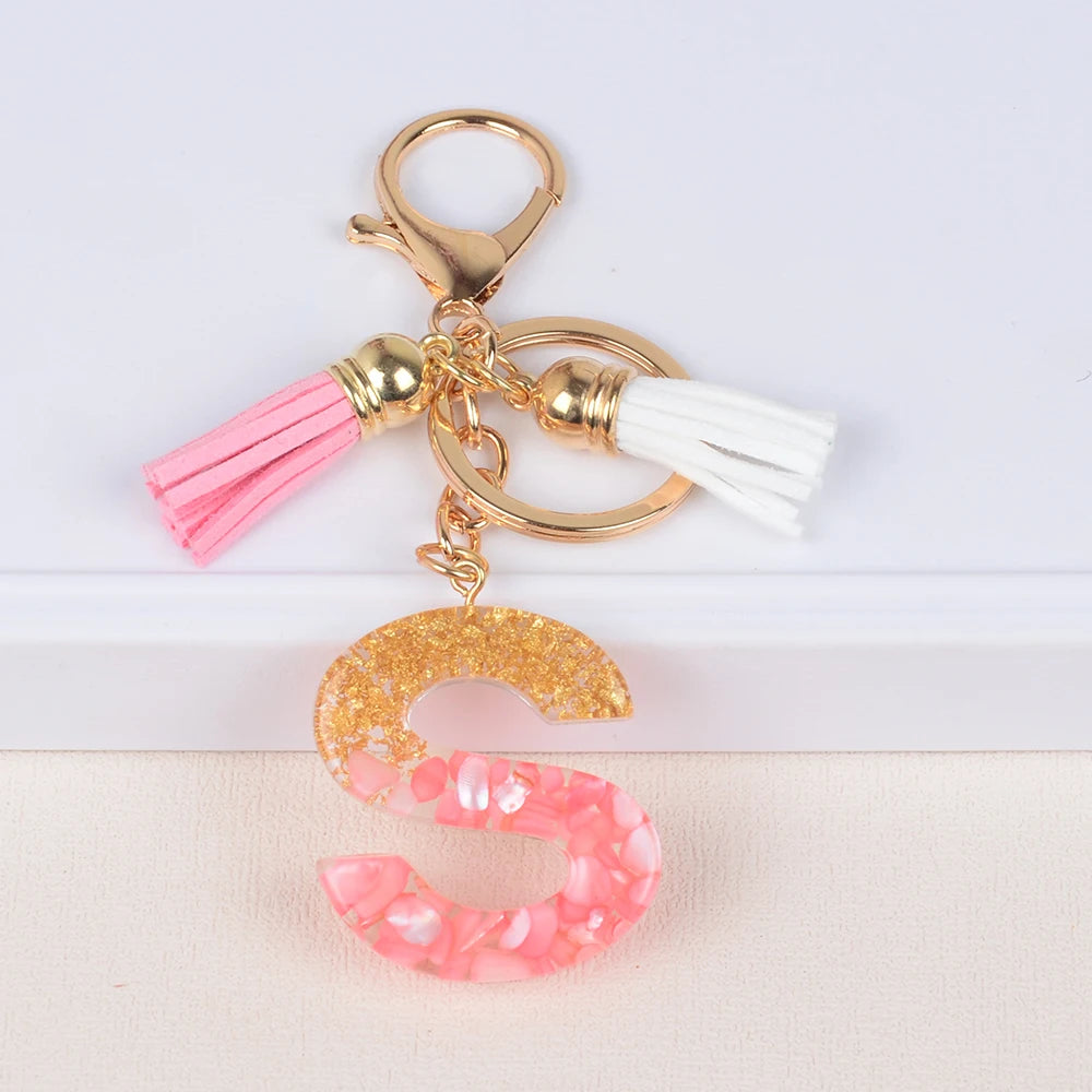 Factory Direct Stock pink Resin Letter Key Chain with Fringe for Girls Handbag Hanging Ornament