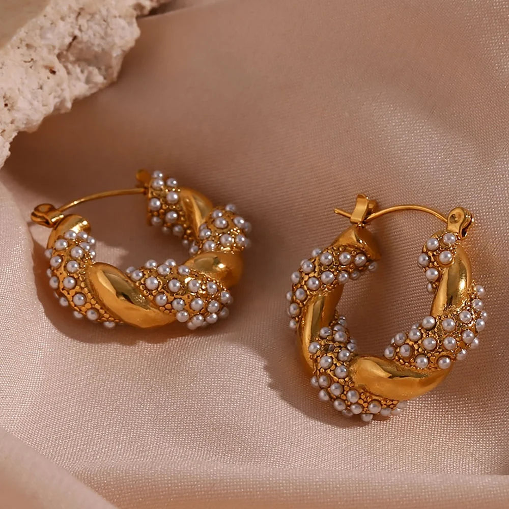 Waterproof Jewelry 18K Gold Plated Zircon Twist Hoop Earring Stainless Steel Jewelry Gold Plated Earrings