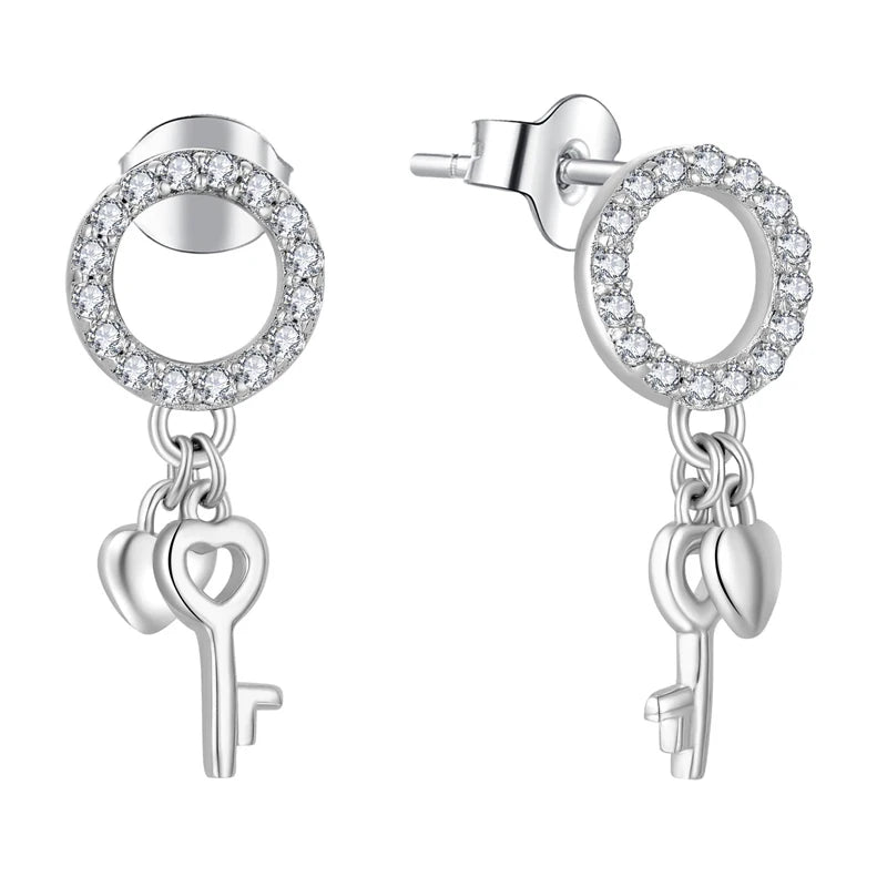 YILUN 925 Sterling Silver Circle Earrings Rhodium Plated Heart Key Charms Engagement Wedding Love Fashion Valentine Earrings