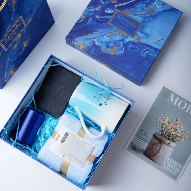 3pcs Gift Set Pink and Blue Logo Custom Woman New Valentines Gift Set with Mug Umbrella Towel Cooperat Gift Set Souvenir Wedding