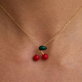 G4015 Wholesale Enamel Cherry Pendant Necklace PVD 18K Gold Plated Stainless Steel Pearl Necklace for Women Jewelry Gift