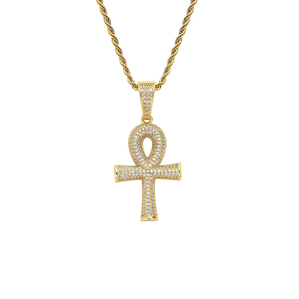 CN340 Iced Out Micro Pave CZ Gold Plated Brass Small Cross Pendant Hip Hop Rope Chain Necklace Unisex Jewelry Party Gift MegaBDM