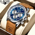 LIGE LG89136 Leather Analog Quartz Chronograph Waterproof Men Wrist Watch Casual Classic Designer Dress Watch Calendar + Box