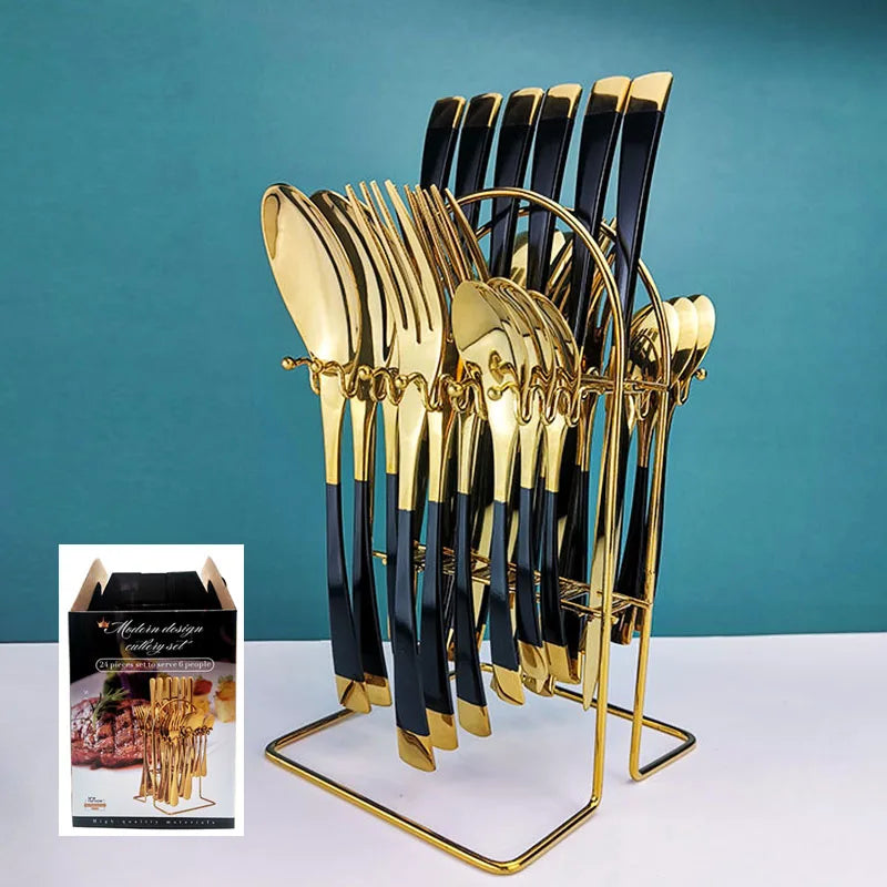 Top Seller Stainless Steel 24PCS Cutlery Set KAYA Dinnerware Gold Flatware Set With Stand