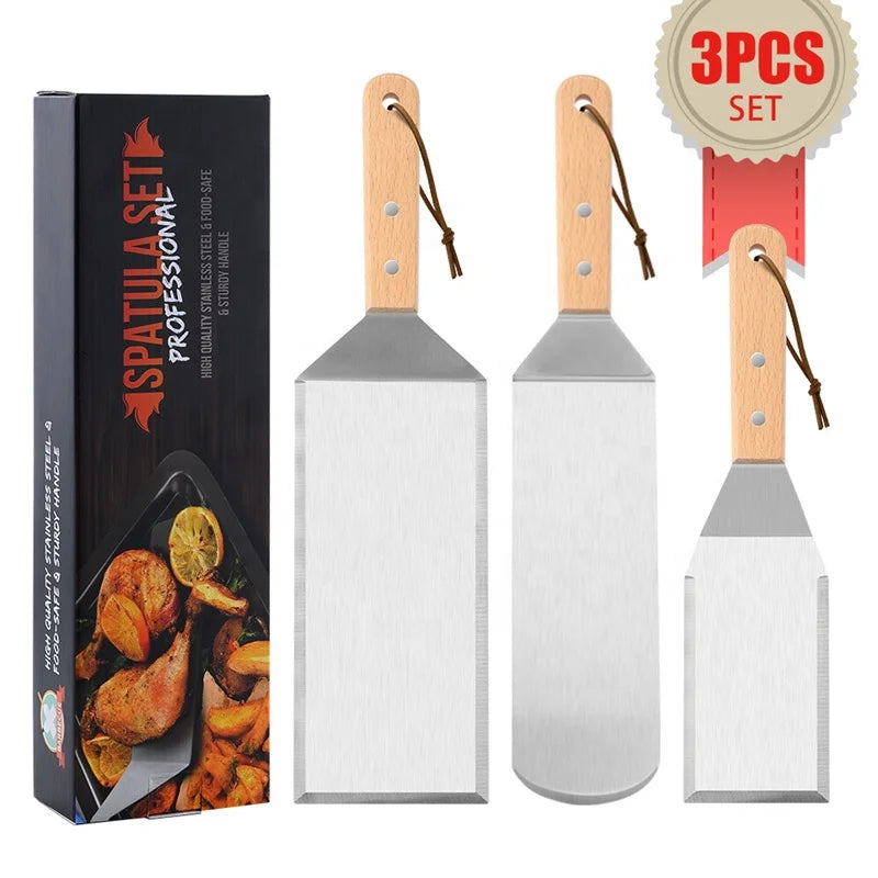 Custom Logo BBQ Tools 3 Pieces Set Bbq Turner Stainless Steel Flat Wood Handle Barbecue Grill Griddle Frying Burger Spatula