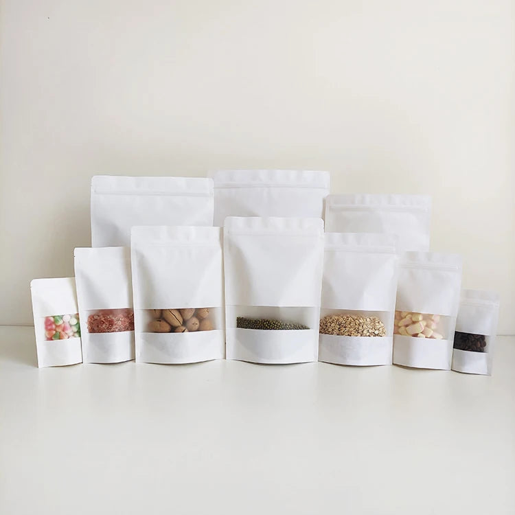 15x22cm Kraft Paper Treat Bags Resealable White Ziplock Stand up Pouches With Window for Food Storage