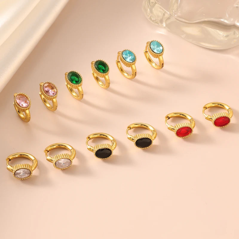 G3942 Wholesale French Retro Geometric Oval Diamond Hoop Earrings 18K Gold Plated Stainless Steel Huggie Earrings for Women