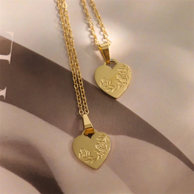 Waterproof 18k Gold Plated Stainless Steel Women's Chic Heart Charm Pendant Engraved Flower Necklace Link Wedding Party Gift