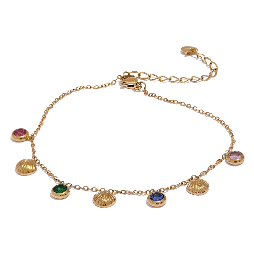 JINYOU 2152 Colorful Shiny Cubic Zirconia Shell Stainless Steel Summer Anklet Fashion Foot Chain Jewelry for Women Bijoux Femme