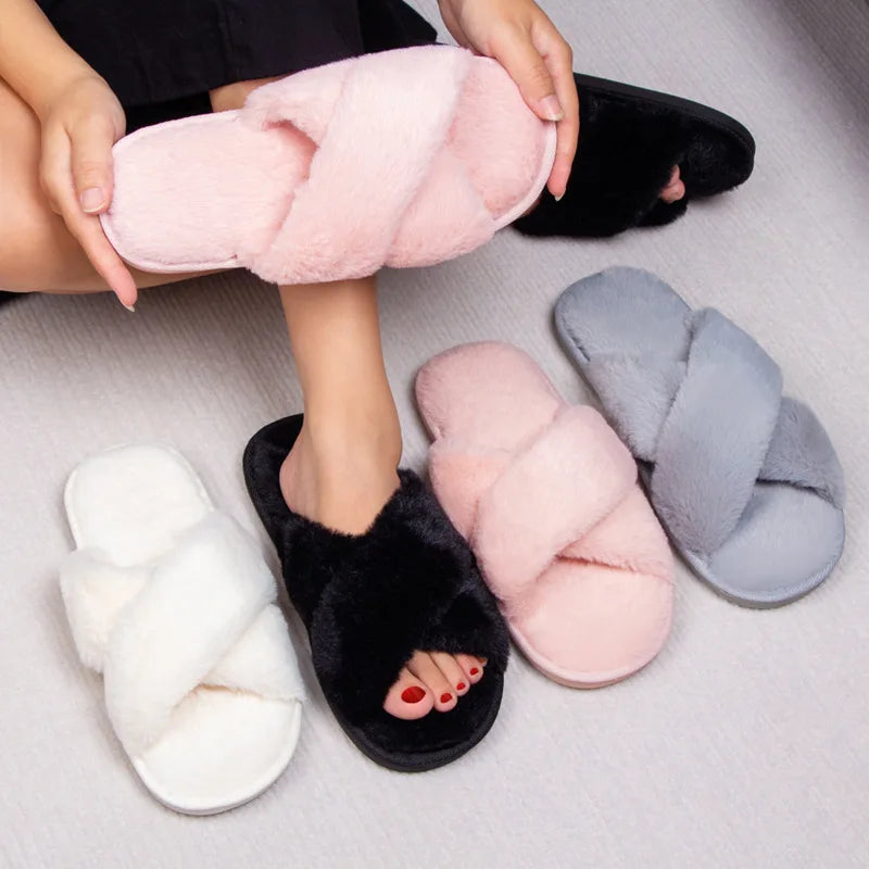 Lady's Fashion Fluffy Slippers Soft Home Open Toe Slides Cross Strap Pure Color Comfortable Suede Insole Dropshipping Winter