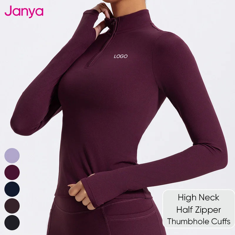 Janya Custom Logo Sportswear Women Thumb Holes Long Sleeves Yoga Shirts Slim Fit Half Zipper Stand Collar Breathable Sports Tops