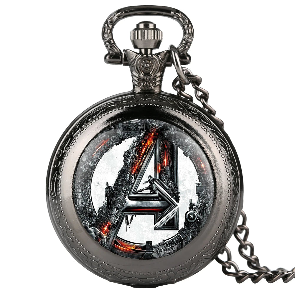 Black Modern Pocket Watch Analog Quartz Timepiece with Nekclace Chain for Movie Gift