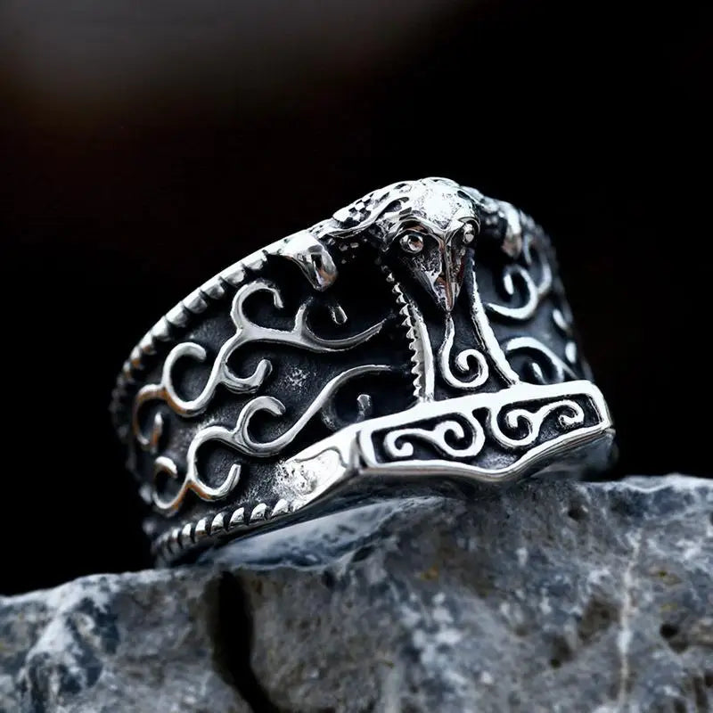 Viking Ring Stainless Steel Norse Viking Runes Ring Men's Thor Hammer Ring