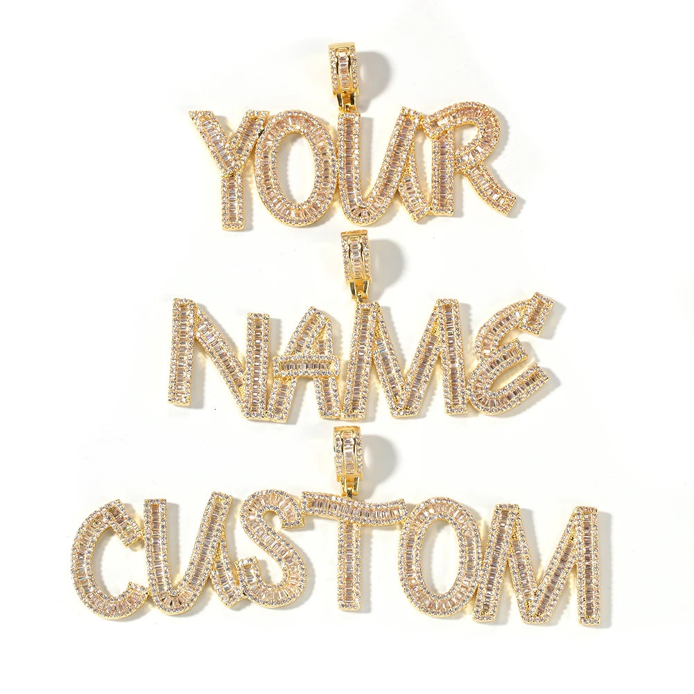 Customizable Fine Jewelry Hiphop Necklace Iced Out Name Baguette Diamonds CZ Main Material Brass Link Chain Zircon Main Stone