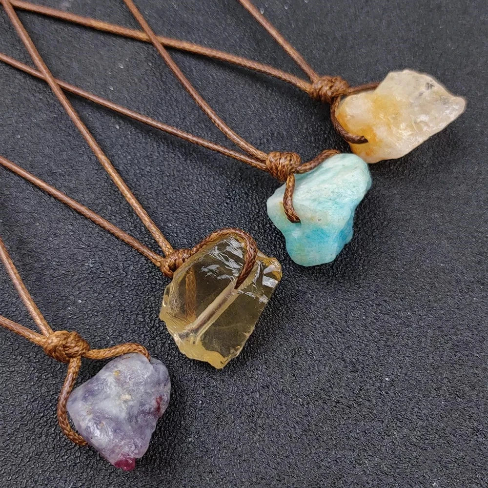 Hot Selling Unisex Pendant Necklace Irregular Shape Amethyst Stone Hand Braided Rope Gold Plated Chains Diamond Pearl Main