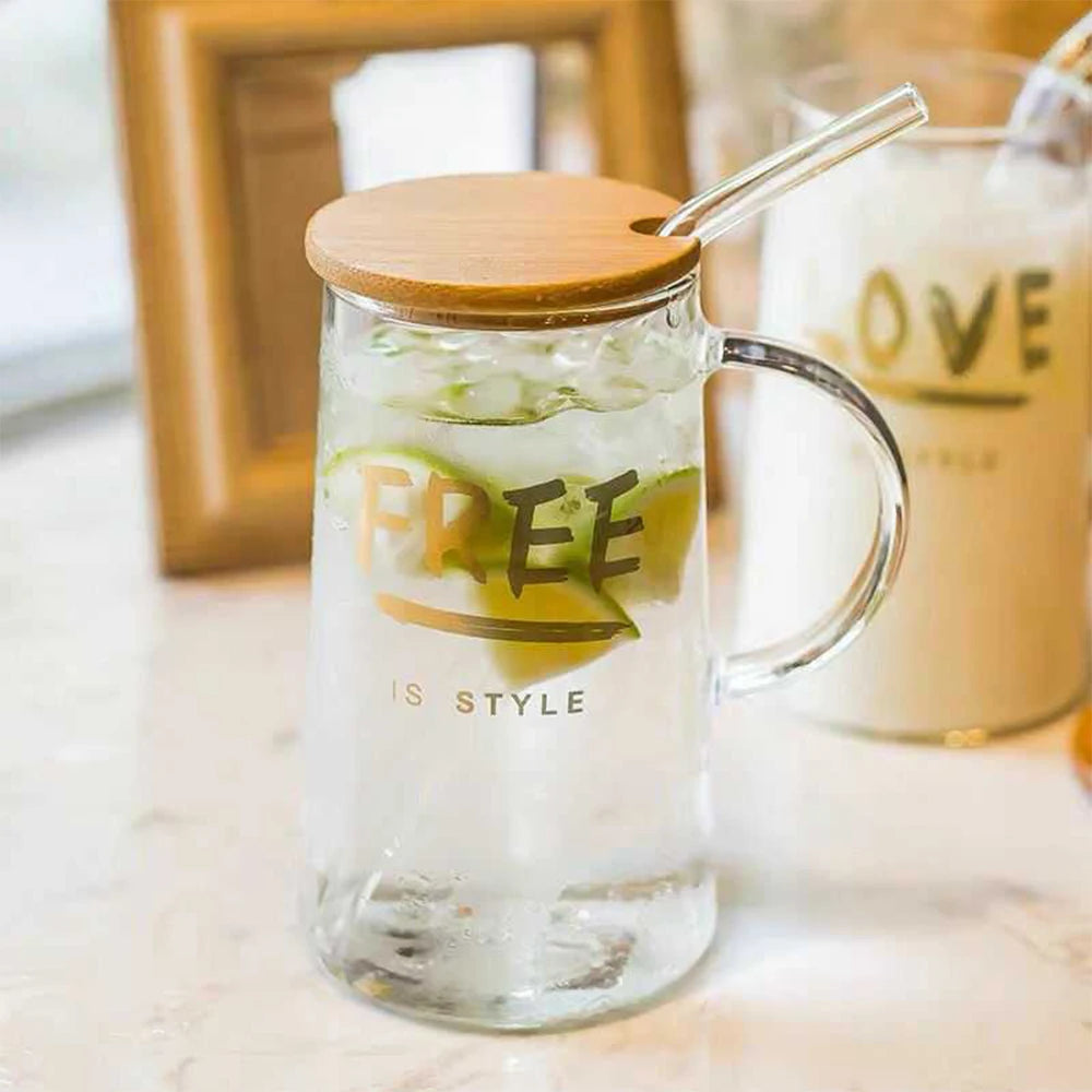 Custom High Borosilicate Glass Drinking Water Glass Cup With Straw with Bamboo Lid 500ml