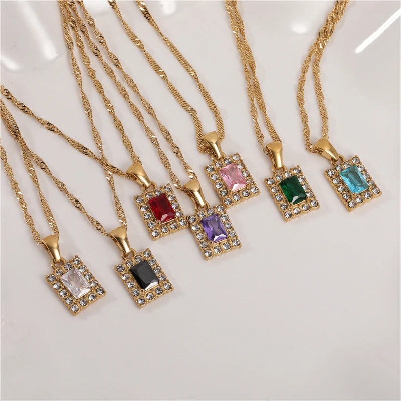 Fenny 18K Gold Plated Wholesale Tarnish Free Luxury Blue Emerald Clear Pink Purple Zirconia Rectangle Stainless Steel Necklace