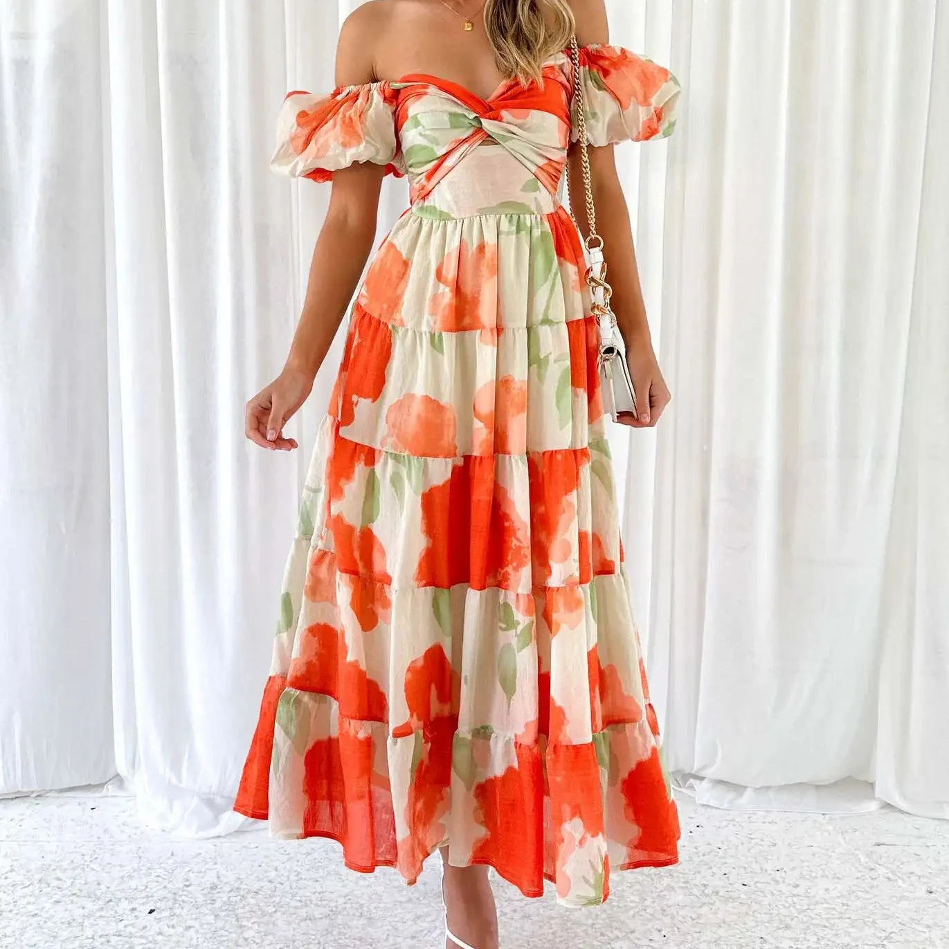European and American 2024 Spring/Summer New Style Slim Fit Printed Bubble Sleeves Large Swing High End Dress for Women
