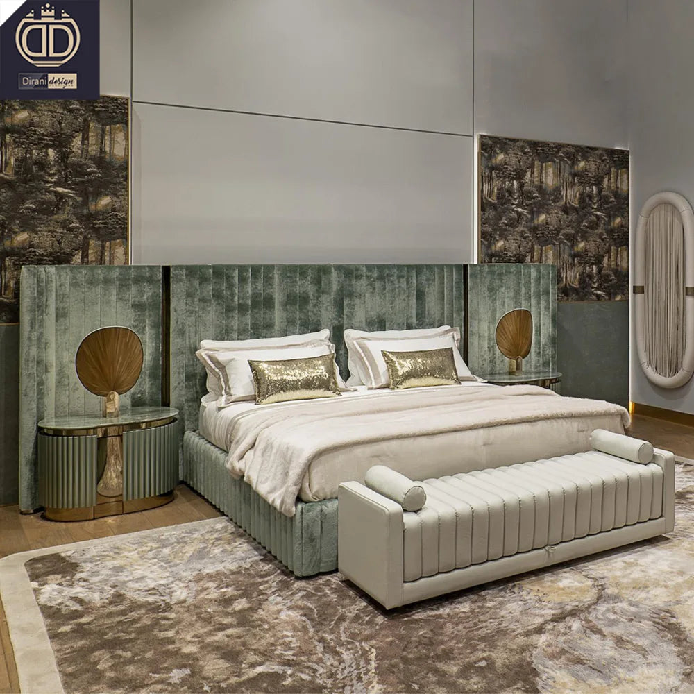 New Design Modern Villa Curve Velvet Plywood Panel Italian Luxury Bed Headboard for Queen/King Size Customizable Beds