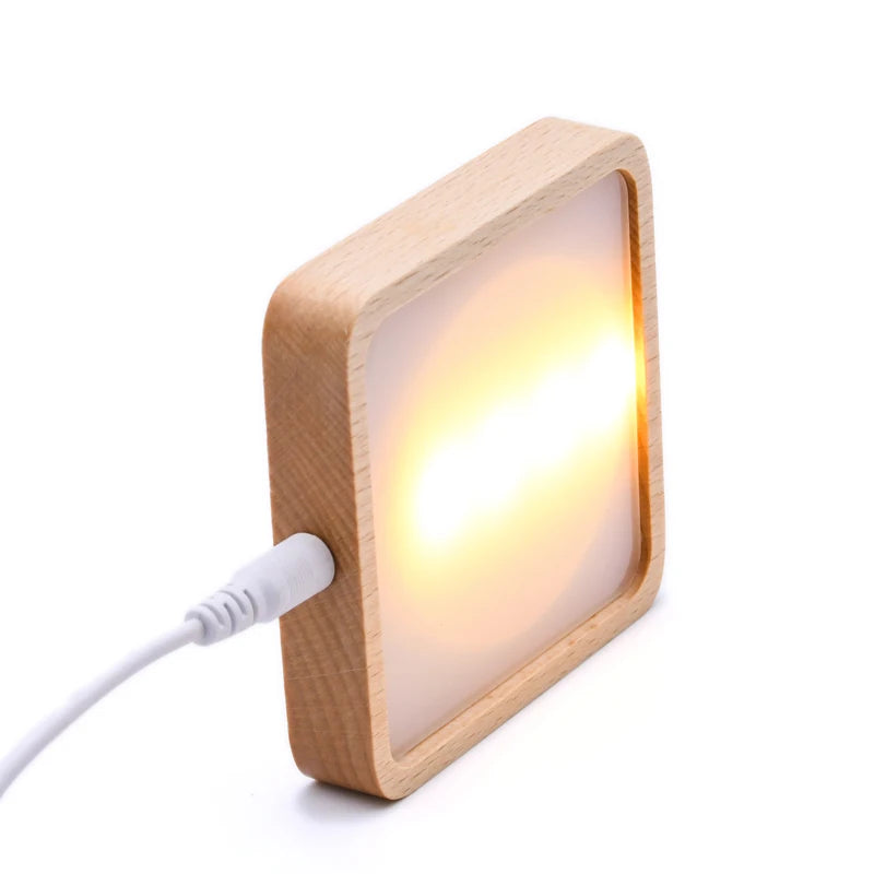 2026 Modern 90mm Square Beech Wood LED 3D Night Light Base USB Line Switch Dimmable 2700K Warm White 10000 Hours Living Room