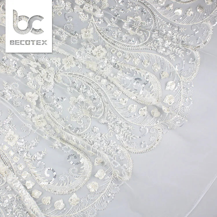 Luxury Elegant Ivory Bridal Beaded Lace Fabric for Wedding
