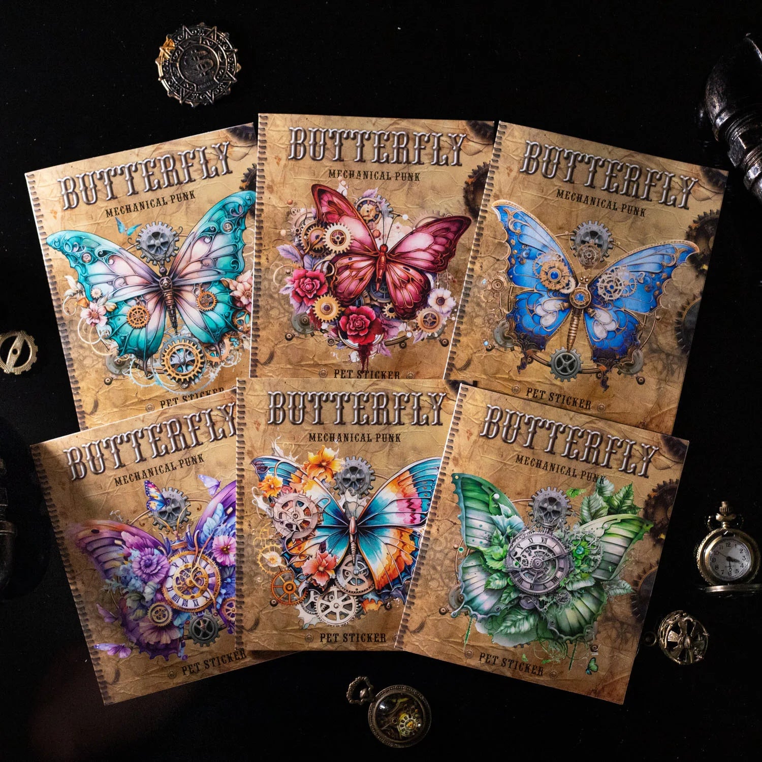 20 Sheets/pack PET Stickers Mechanical butterfly Series Mechanical Punk Style butterfly Handbag Materials 6 Styles