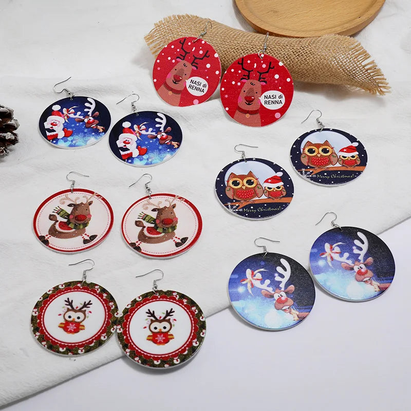 Manufacturer's Merry Christmas Fashion Drop Earrings Natural Wood with Santa Claus Bell Reindeer Snowflake Snowman Design