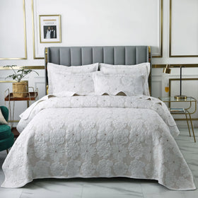 Super Soft Home Textile Pure Cotton Bedspread Washed Floral Plant Patterns Bed Cover Luxury Bedding White Quilted Bedspread Set