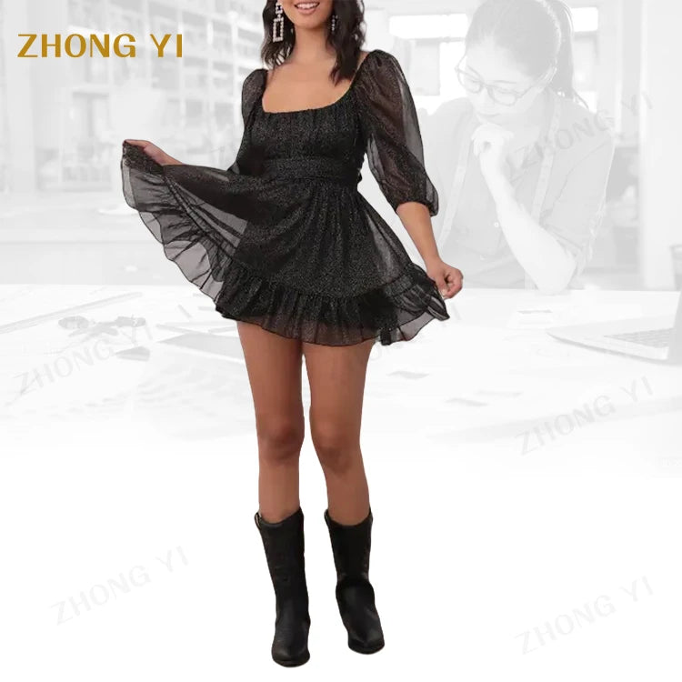 Clothing Factory Wholesale Custom Women Summer Solid Color Square Neck Half Sleeve Elegant Ladies Princess Casual Short Dresses