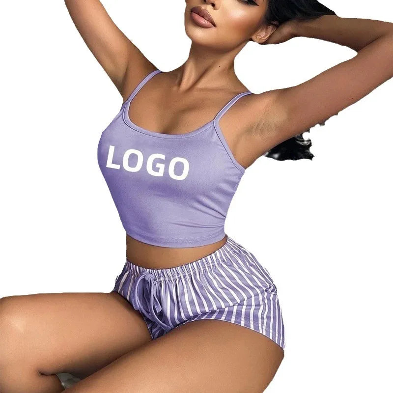 Sexy Women Pajama Set Including a Vest with Letter Prints and Striped Shorts