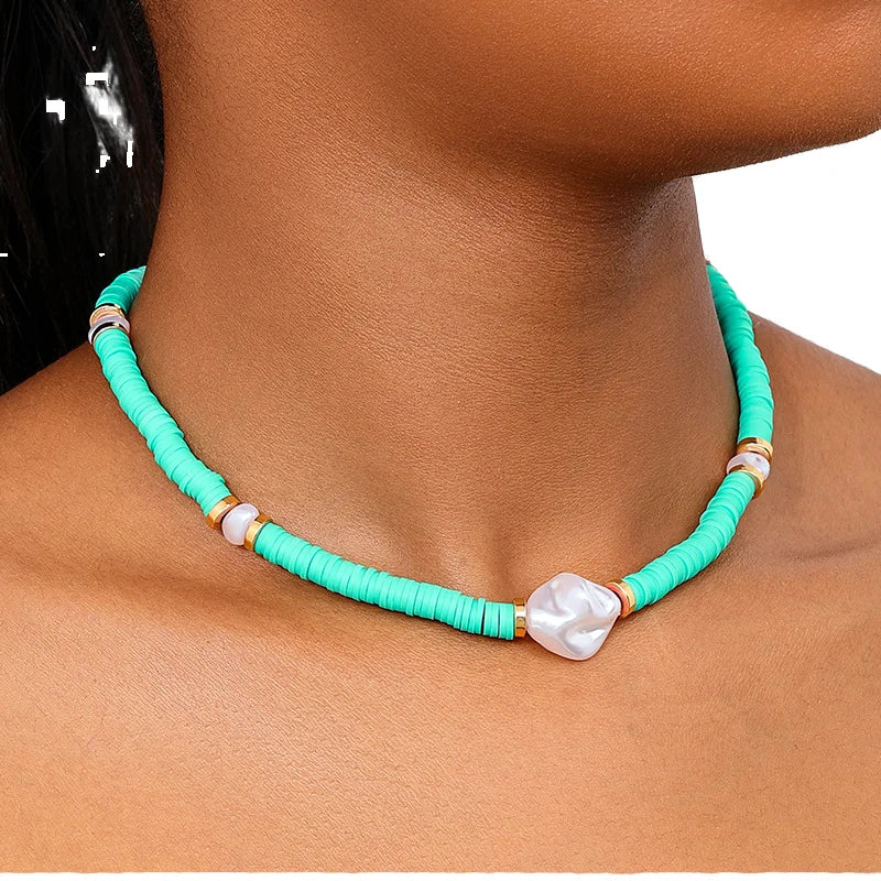 Boho Fashion Stack Colorful Bule Polymer Clay Beaded Pearl Pendant Clavicle Choker Necklace for Women Jewelry