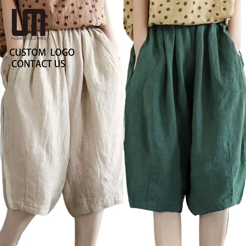 Clearance Sales Oem Women Wide Leg Trousers - Elastic Waist Summer Pants with Pockets Breathable Loose Cotton Palazzo Shorts