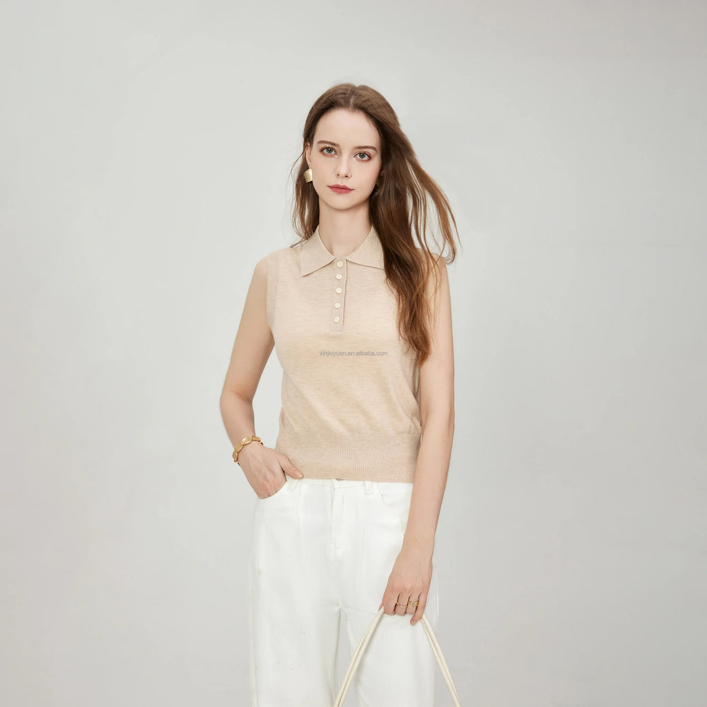 Summer Women's Fashion Sleeveless Notch-Neck Top Temperament Knitted POLO Shirt