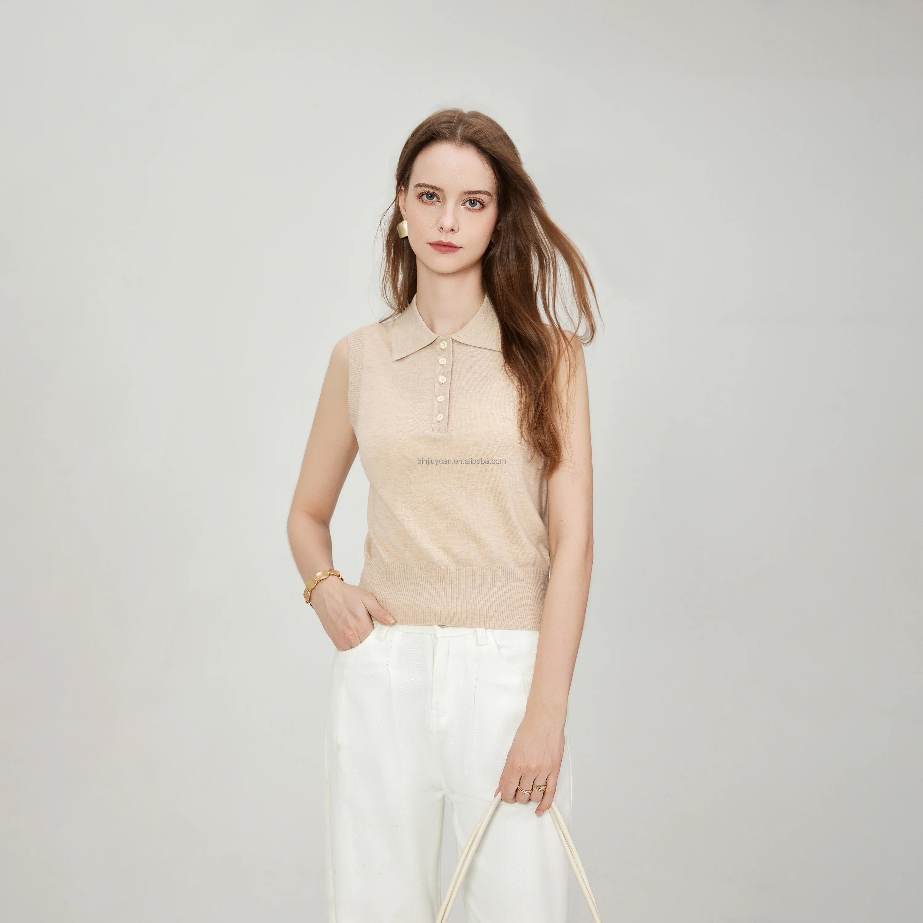 Summer Women's Fashion Sleeveless Notch-Neck Top Temperament Knitted POLO Shirt