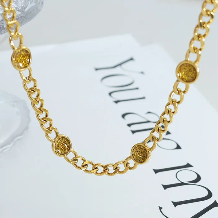 2 Pcs/set Round Oil Dripping 18k Gold Plated Chains Bracelet Necklace Stainless Steel Link Chains Necklace Jewelry